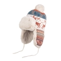 Winter trapper hat with reindeer pattern, beige faux fur lining and plush ear flaps - White