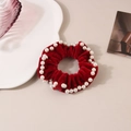 Elastico per capelli vintage in velluto rosso scuro con perline bianche - Borgogna