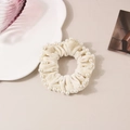 Elegant cream velvet hair scrunchie with white pearl trim and subtle rhinestones - Creamy White