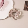 Elegant beige velvet scrunchie with faux pearl trim detail for vintage hair styling - Milk Coffee