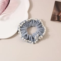 Velvet hair scrunchie in light grey with white pearl bead trim and high elasticity - Blue
