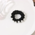 Elegante elastico per capelli in velluto nero con perle bianche e tocchi dorati - Tweed / Stile Chanel - Nero