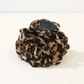 Detail of leopard print rose hair claw clip with chiffon fabric petals and black grip - Dark Brown Leopard