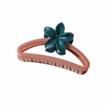 Matte pink semi-circle hair claw clip with dark green plumeria flower ornament - Glossy Pink
