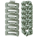 12-piece hair accessories set featuring matte green claw clips and satin scrunchies - Green