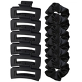 12-piece black hair accessory set featuring matte claw clips and satin silk scrunchies - Black