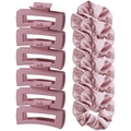 Pink matte rectangle hair claw clips and matching satin scrunchies set in soft pink color - Lotus Pink