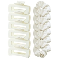 12-piece hair clip set with matte rectangular claws and ivory satin hair scrunchies - White