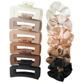 12-piece hair clip and scrunchie set in Morandi tones featuring matte and satin textures - Coffee Colors