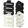 12-piece hair set with matte black and cream rectangle claw clips and satin scrunchies - Black & White Series