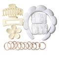 Creamy white hair accessory set with sponge headband, claw clips, and wristbands - White
