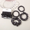 Set of four charcoal grey satin silk scrunchies with elegant glossy texture and ruffles - Dark Purple