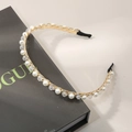 Elegant thin gold headband featuring white pearls and clear crystal beads on a metal frame - White Crystal Artificial Pearl Style