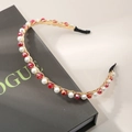 Elegant gold metal headband with woven red glass beads and white pearls for hair styling - Red Crystal Artificial Pearl Style