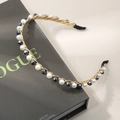 French vintage headband with cream faux pearls and navy blue crystals on a gold chain - Navy Blue Crystal Artificial Pearl Style