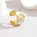 Golden multi-layer enamel adjustable open ring with white and blue feather petal design - Off-White