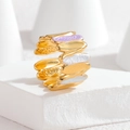 Macro shot of wavy leaf-shaped gold ring with white and lavender enamel textures - Purple Petal Style (S-R879-zi)