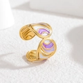 Adjustable gold butterfly wing ring with purple enamel wave texture and hollow design - Purple