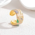 Adjustable wide gold-plated stainless steel ring with colorful enamel abstract textures - Light Purple Green Painted Style (S-R880-lv)