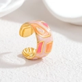 Adjustable wide enamel ring with pink base and orange geometric patterns on gold base - Pink Orange Red Geometric Style (S-R880-mh)