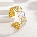 Vintage hollow gold enamel floral open bangle with colorful macaron drop oil finish - Light Green