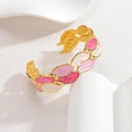 Elegant gold leaf open bangle with pink and white enamel coating on stone backdrop - Pink Style (SB1263-fen)