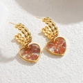 Orecchini vintage a cuore in oro con design a perline a C e pietre marrone-rosso - Pietra Marrone