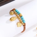 Bohemian 18k gold bead bracelet with turquoise stones, acorn and maple leaf charms - Acorn Maple Leaf Bell Style (OLBB1297-A)