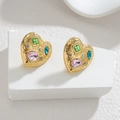 Pendientes de corazón dorados estilo corte francesa con circonitas de colores - Estilo Corazón Dorado (S-E1242-aixin)