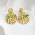 French court style gold earrings with green turquoise stone and irregular texture - Green
