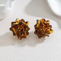 Elegant amber acrylic flower stud earrings with leopard print and golden bead centers - 3D Layered Amber Style (S-E1239-E)