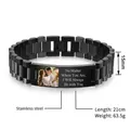 Detail of custom 15mm black stainless steel watchband link bracelet with photo charm - Wide Style / Black