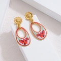 Vintage goldene Sonnenblumen-Ohrhänger mit handbemaltem rotem und rosa Blumengravur-Emaille - Rot