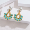 Vintage gold drop earrings with turquoise beads and pearls on white platform - Teardrop Fan Turquoise Style (A)