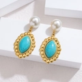 Macro view of vintage gold earrings with turquoise stones and elegant white pearls - Marquise Turquoise Oval Pendant Style (H)