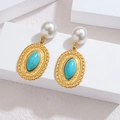 Close-up of vintage gold earrings with white pearl and turquoise stone in relief - Court Wave Relief Style (I)