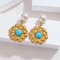 Detail of vintage gold earrings with faux pearl stud and turquoise relief pendant - Vintage Petal Radiant Style (J)