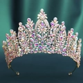 Detail of baroque bridal crown with golden metal frame and iridescent AB crystals - Gold Full AB Rhinestone Style