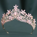 Baroque golden crystal bridal crown with pink gemstone floral rhinestones on dark background - KC Gold White & Pink Jelly Rhinestone