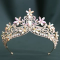 Detailed close-up of Baroque gold bridal crown with floral crystals and AB rhinestones - KC Gold White Diamond + AB Diamond