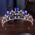 Baroque golden leaf bridal crown with teardrop blue crystals and sparkling rhinestones - Gold Base With White And Blue Rhinestone