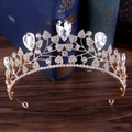 Detailed view of Baroque bridal crown featuring gold leaf textures and pear-cut rhinestones - Gold Base With White Rhinestone