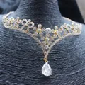 Exquisite gold floral rhinestone tiara with a leaf vine pattern and teardrop pendant - Gold / White Zirconia