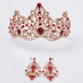 Baroque bridal set featuring a gold crown and red crystal earrings on a white background - Gold Tiara Red Rhinestone with Stud Earrings