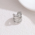 Minimalist silver multilayer stainless steel ear cuff with parallel lines in polished finish - Silver Tone (S-E1253)