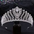 Elegant silver tiara with sparkling rhinestones and a pear-cut center stone for brides - Thick Silver Tone Zirconia Rhinestone Style