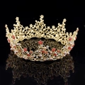 Luxury baroque gold bridal crown with red crystal flowers and champagne pearls - 16K Gold (Red Rhinestone)