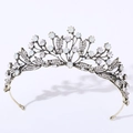 Detail view of vintage leaf bridal tiara with white opal stones and clear rhinestones - Antique Bronze White Opal