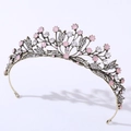 Close-up of vintage bronze leaf bridal crown with pink and white rhinestone details - Antique Bronze Pink Opal
