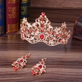 Baroque gold bridal set with red crystals, featuring a crown and matching earrings - Gold Tiara Red Rhinestone with Clip-on Earrings